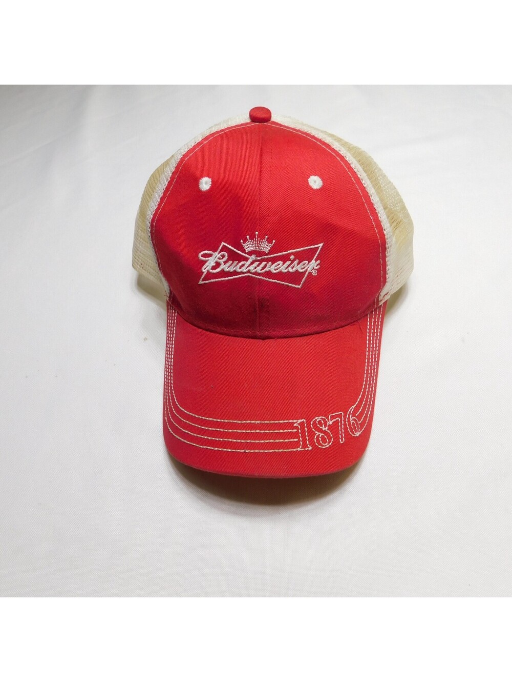 Budweiser Hat Mens One Size Snapback Red Cream Mesh Trucker Cap 1876 King of Bee